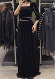 Black Elegant Square Neck Diamond Embellished Seven Sleeve Dress