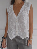 Pure White Printed V-Neck Sleeveless Top