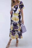 Purple Printed Square-Neck Cotton Dress