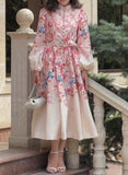 White Elegant Midi Dress With Pink Print