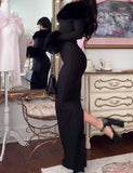 Elegant Slit Long Dress With Black Fur Collar