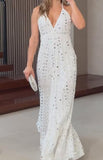 White Sequin Sling Maxi Dress