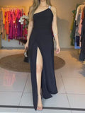 Black One Shoulder Halter Slit Dress