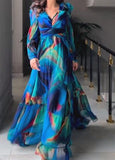 Watercolor Chiffon Long Sleeve Elegant Maxi Dress