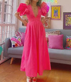 Pink Bubble Sleeve V-Neck Elegant Dress