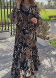 Black Brown Leaf Print Elegant Long Dress