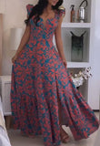 Orange Print Blue Sleeveless Maxi Dress