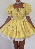 Yellow Bubble Sleeve Cherry Mini Dress