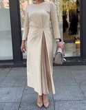 Beige Pleated Elegant Dress