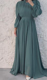 Pure Green Pleated Long-Sleeve Dress