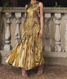 Gold Sleeveless Stretch Pleated Dress