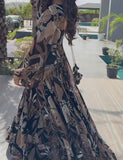 Black Brown Leaf Print Elegant Long Dress