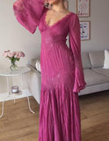 Pink Lace V-Neck Elegant Slim Long Dresses