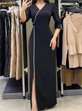 Long Black Silver Trimmed Slit Dress