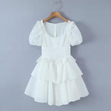 Pullover Square Neck Wood Ear Side Short Sleeve Puff Cake Skirt Dress Short Skirt