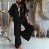 Casual Black 3/4 Sleeve Two Piece Set