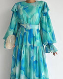 Petal Pattern Puff Sleeve Long Dress