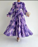 Petal Pattern Puff Sleeve Long Dress