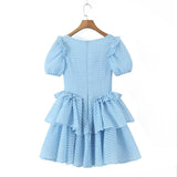 Pullover Square Neck Wood Ear Side Short Sleeve Puff Cake Skirt Dress Short Skirt