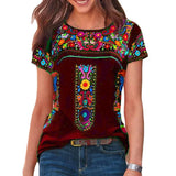 women's bohemian print round neck short sleeve T-shirt