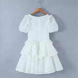 Pullover Square Neck Wood Ear Side Short Sleeve Puff Cake Skirt Dress Short Skirt