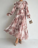 Petal Pattern Puff Sleeve Long Dress