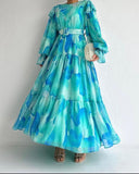 Petal Pattern Puff Sleeve Long Dress