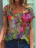 Women's Casual V-Neck Floral Print T-Shirt Top