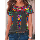 women's bohemian print round neck short sleeve T-shirt