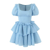 Pullover Square Neck Wood Ear Side Short Sleeve Puff Cake Skirt Dress Short Skirt