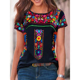 women's bohemian print round neck short sleeve T-shirt