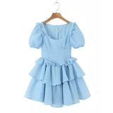 Pullover Square Neck Wood Ear Side Short Sleeve Puff Cake Skirt Dress Short Skirt