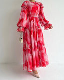 Petal Pattern Puff Sleeve Long Dress