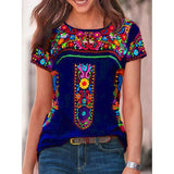 women's bohemian print round neck short sleeve T-shirt